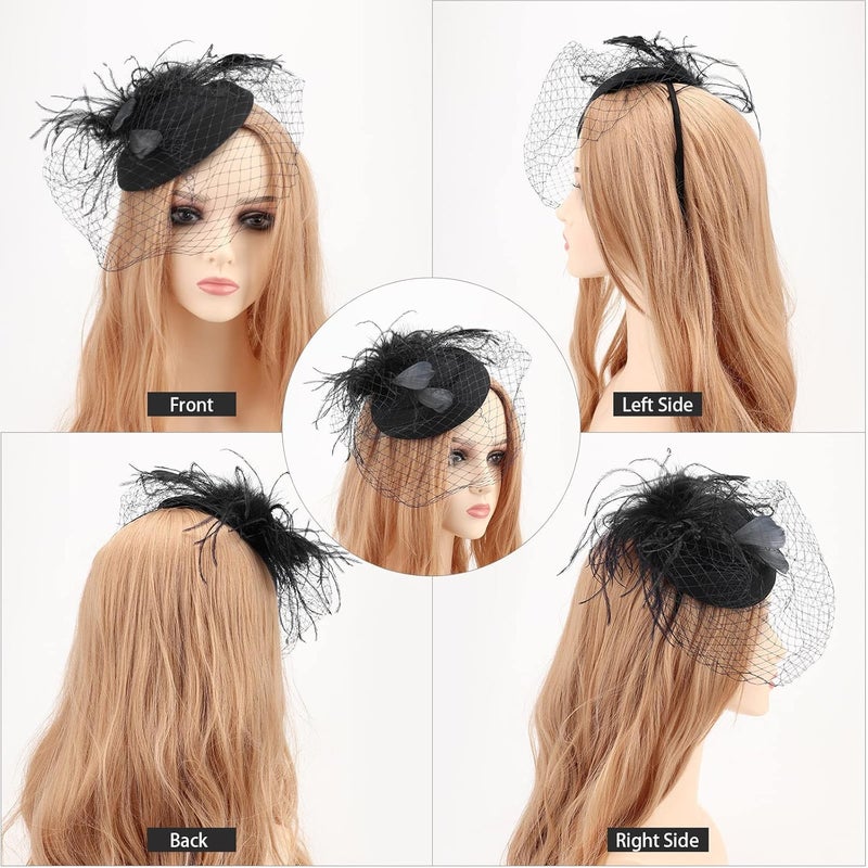 DRESHOW قبعة فاسيناتور مزينة بالريش مع رباط رأس للنساء، قبعات حفلات الشاي مع مشبك وزهرة لرأس الفتيات والنساء - Image 3